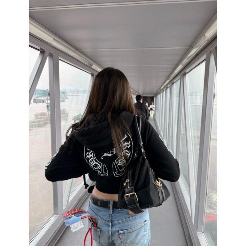 美式复古慵懒chic字母印花短款粉色开衫卫衣女秋冬辣妹连帽衫外套|undefined