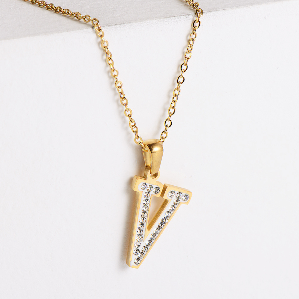Fashion Jewelry Clavicle Hanging Chain Stainless Steel Electroplating 18k Gold Rhinestone 26 Letter 