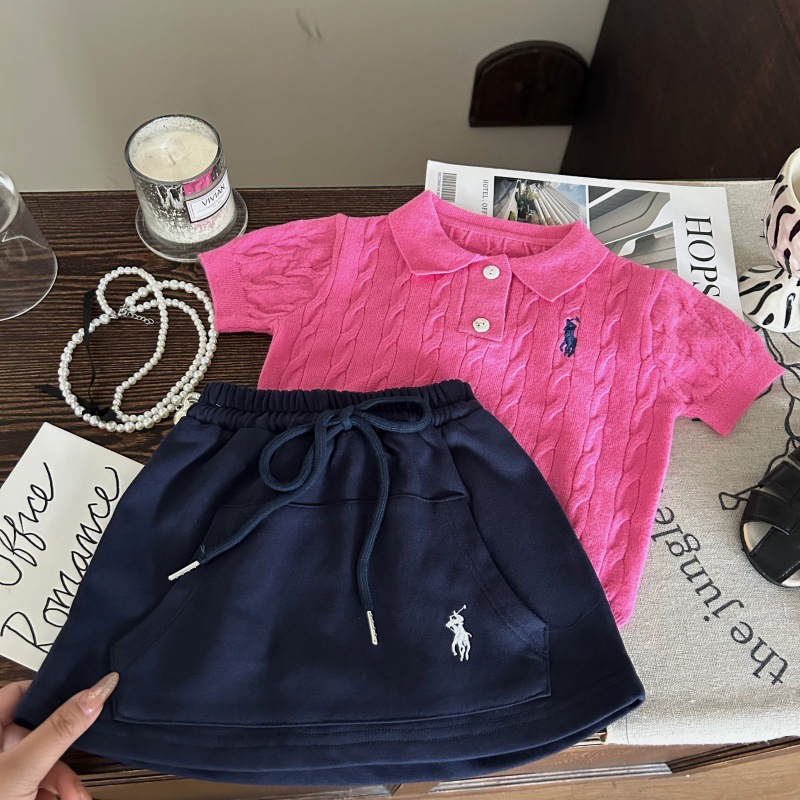 Korean children's clothing 2025 new summer girls polo shirt twisted short sleeve children's casual skirt skirt pants two-piece set