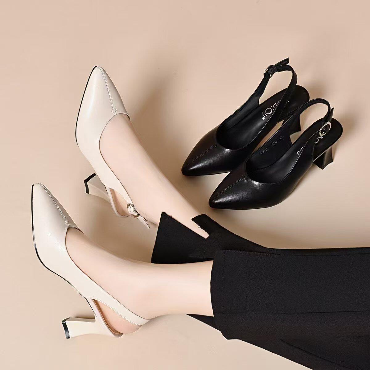 Giày sandal cao gót nữ mũi nhọn quai ngang da thật gót 7 cm — Gạo trắng - 7cm