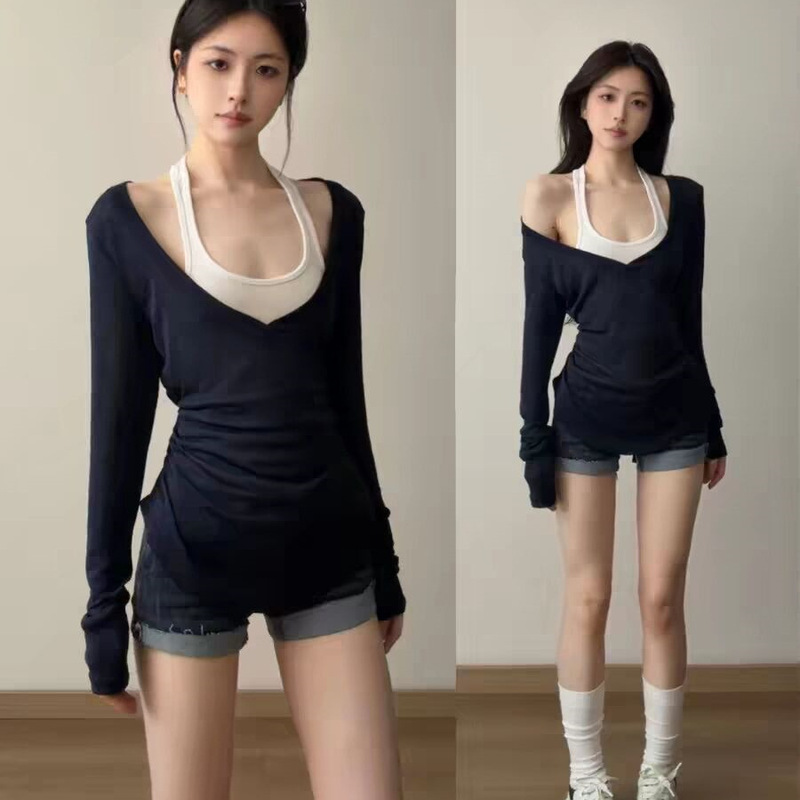 Fake Two-Piece Halter V-Neck Sun-Protective Long-Sleeve T-Shirt for Women, Summer 2026 New Style, Lightweight Sheer Overlay Top, Waist-Cinching Slimming Blouse