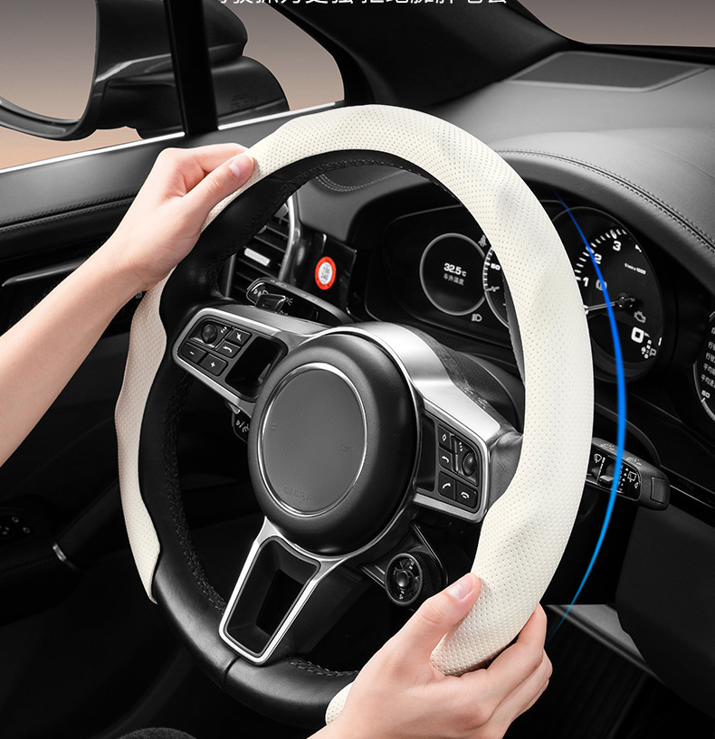 5D Nappa Leather Perforated Steering Wheel Cover, Suitable for All Seasons, Non-Slip, Breathable and Wear-Resistant Car Handle Cover