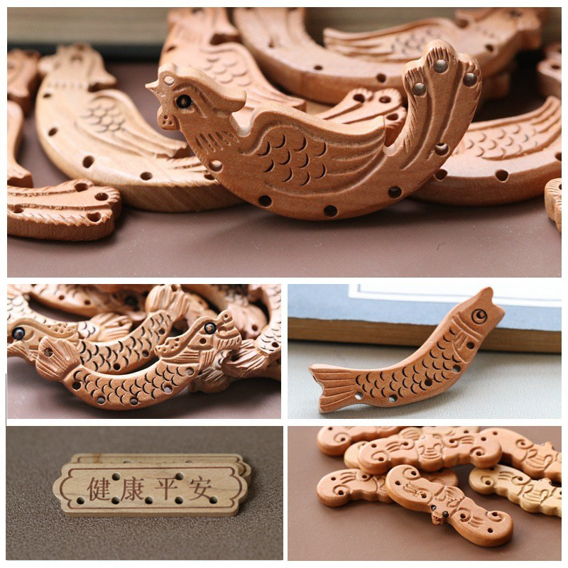 Peach wood carved dragon and phoenix five-hole fish Bat ingot with jewelry treasure pendant accessories jewelry DIY woven bracelet Peach wood carved dragon and phoenix five-hole fish Bat ingot with jewelry treasure pendant accessories jewelry DIY woven bracelet