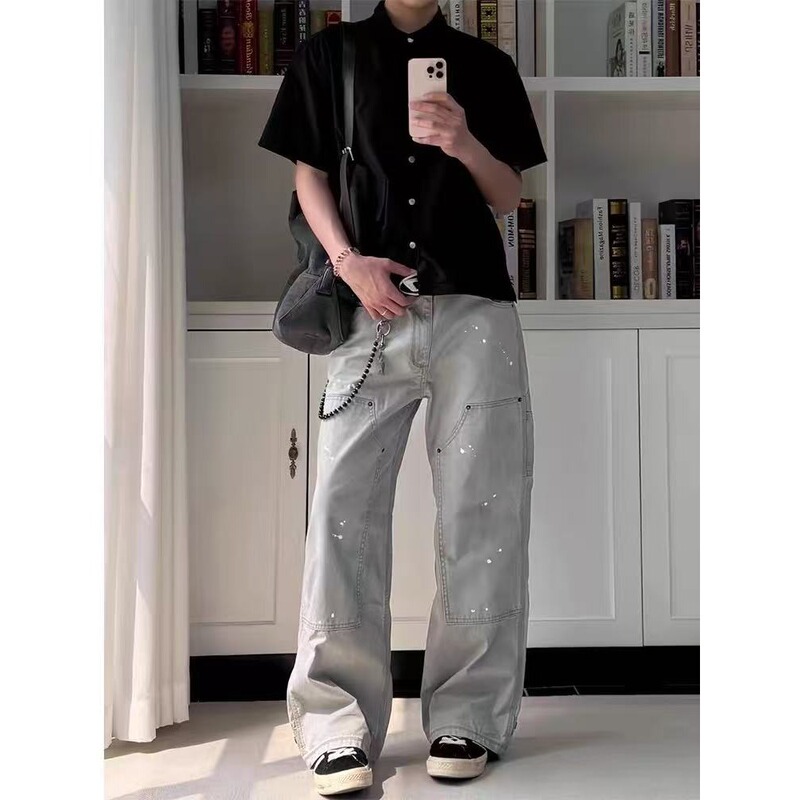 Xanvas Four-Color Splash-Ink Washed Double-Knee Work Pants with Cigarette Case Embroidery, Straight Loose Wide-Leg Lumberjack Pants B01