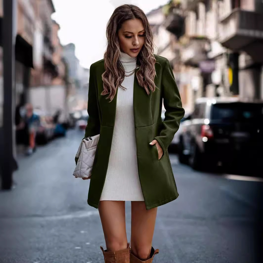 Women's Clothing 2024 Independent Station Supply Autumn and Winter Pure Color Slimming Long Sleeve Pocket Woolen Women's Coat_voghion.com