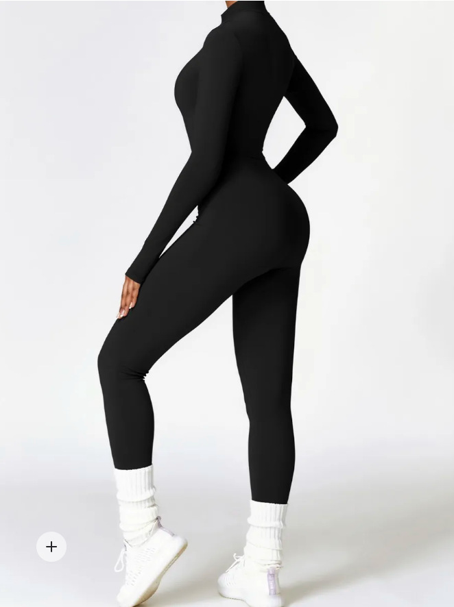 Women's Ribbed Long-Sleeve Zip-Up Jumpsuit – Seamless Yoga & Workout Romper (Moisture-Wicking, High-Stretch Nylon) – Black/Coffee (S-L)​_ecoleips.com