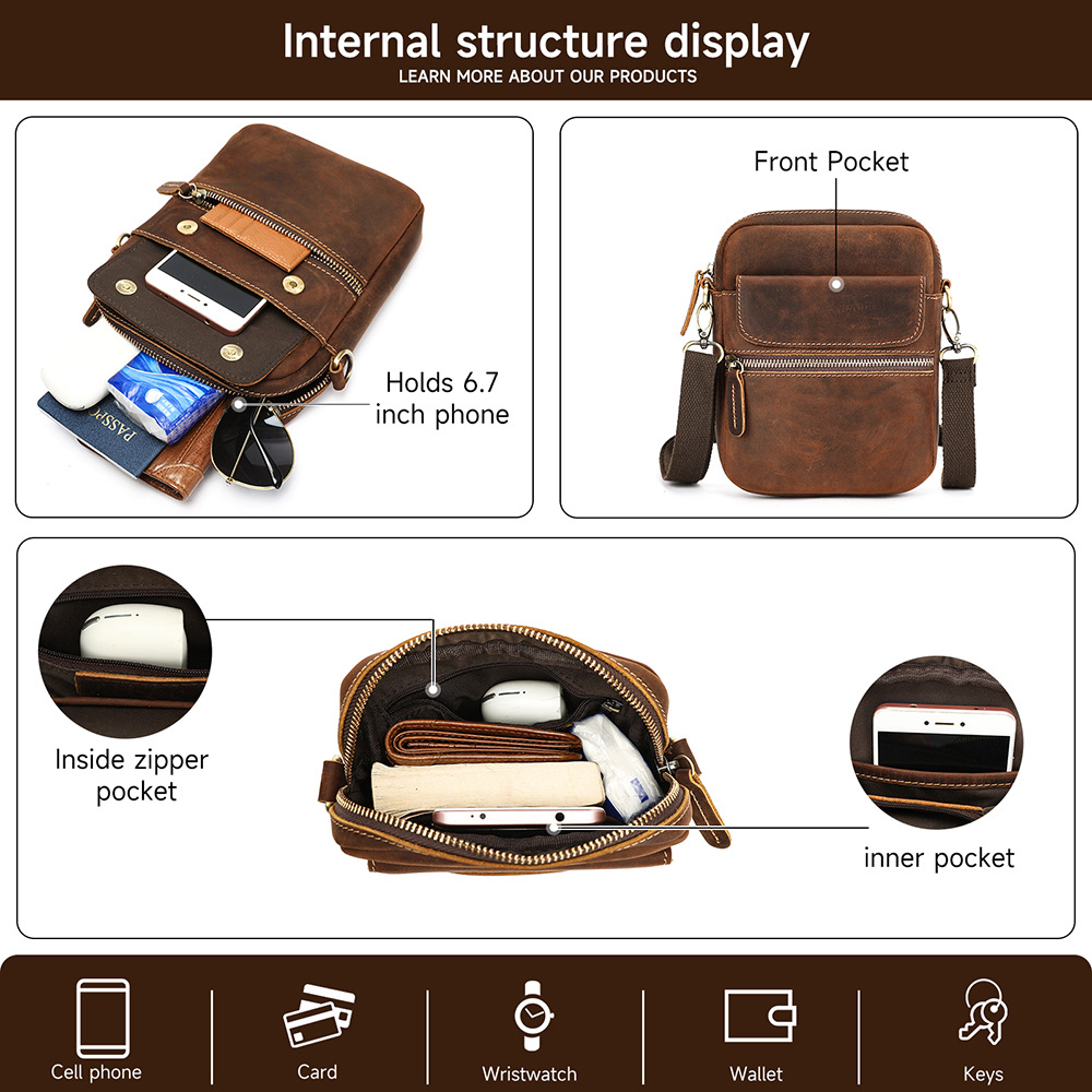 Túi đeo chéo nam da ngựa điên cổ điển, phong cách retro, đựng điện thoại và iPad — Cà phê Crazy Horse, Da đen sáng bóng, Hoa văn vải thiều đen, cỡ lớn., Cà phê