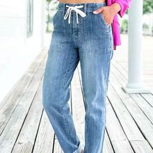 2023宽松修身松紧腰系带牛仔裤子女高腰直筒裤大码装