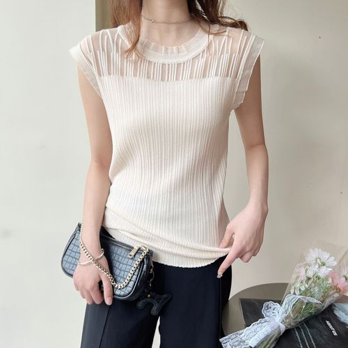 Women's 2025 Ice Silk Knit V-Neck Bodysuit with Bamboo Edge Lace Sleeveless Top, Hollow Out Outerwear Base Layer Top