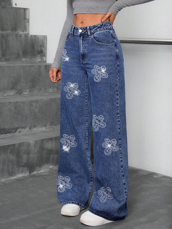 欧美跨境女装牛仔裤 25秋季新款花朵烫钻宽松直筒牛仔长裤女JEANS|undefined