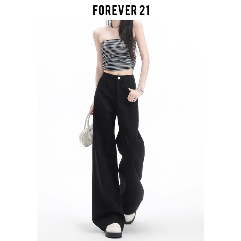 Forever 21 Design Black High-Waisted Wide-Leg Jeans for Women with Pear-Shaped Body, Loose and Drapedy Straight Pants
