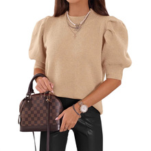 跨境亚马逊春夏新款半高领灯笼袖针织衫上衣欧美短袖纯色褶皱毛衣