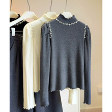 韩版半高领钉珠针织衫女内搭2025秋冬新款修身显瘦长袖打底衫上衣