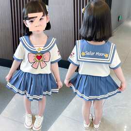 女童夏季学院风套装2026新款时尚蝴蝶结短袖T恤百褶短裙两件套潮