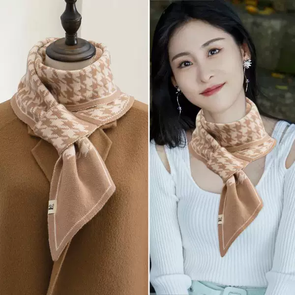Houndstooth Knitted Scarf Women's Winter 2023 New All-match Korean Style Decorative Elegant Lazy Scarf Double-sided Scarf