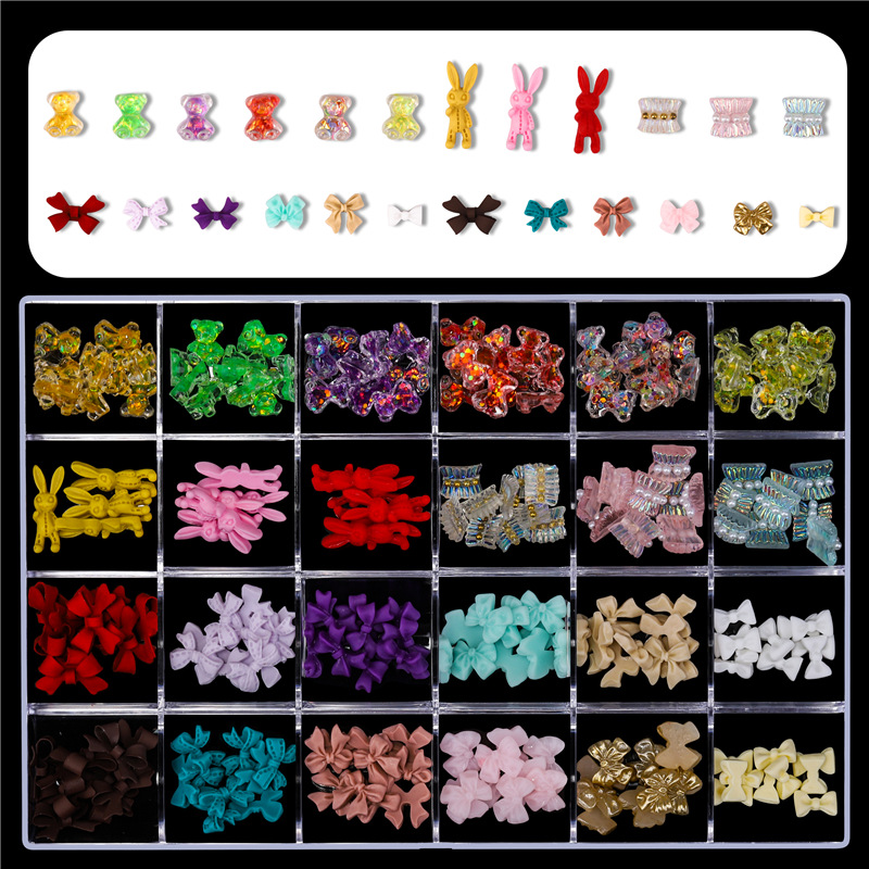 24 rejilla de uñas decoraciones mixtas remache de Cristal Oso arco tienda conjunto completo de joyería de uñas DIY
