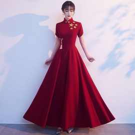 大合唱演出服女长款红色晚礼服中国风合唱团显瘦修身气质立领优雅