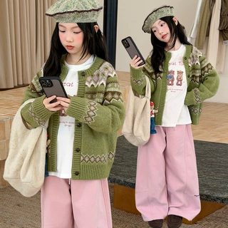 女童深秋针织开衫2026新款儿童秋冬小众外套中大童费尔岛提花毛衣