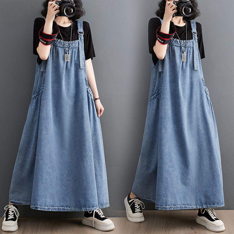 Real Shot in stock Spring Summer Autumn Long Dress Retro Loose Slimming Denim Strap Dress Long Large dress