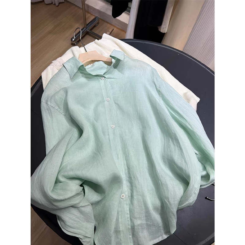 Áo sơ mi nữ linen mỏng thoáng khí mùa hè chống nắng — bạc hà xanh chi tiết 4