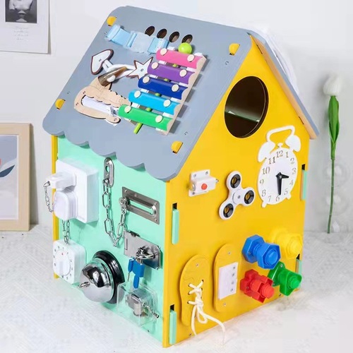 Early education blue busy house busy board wooden Montessori unlocking and piano concentration training teaching children's toys