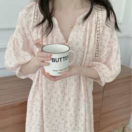 韩国ins女夏装新款双层纱粉色小花朵V领珍珠扣花边短袖家居服睡衣
