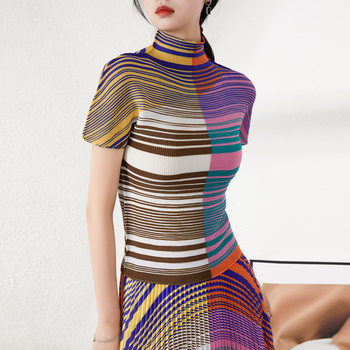 Miyake pleated top women's summer thin slim slim fit design striped print half turtleneck short sleeve T-shirt