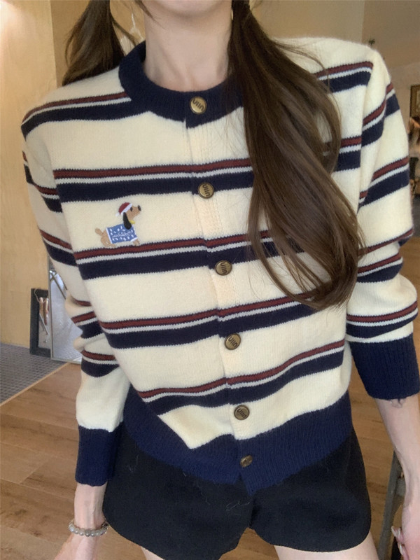 甜辣妹减龄撞色条纹针织毛衣开衫女秋季新款百搭小狗刺绣外套上衣|undefined