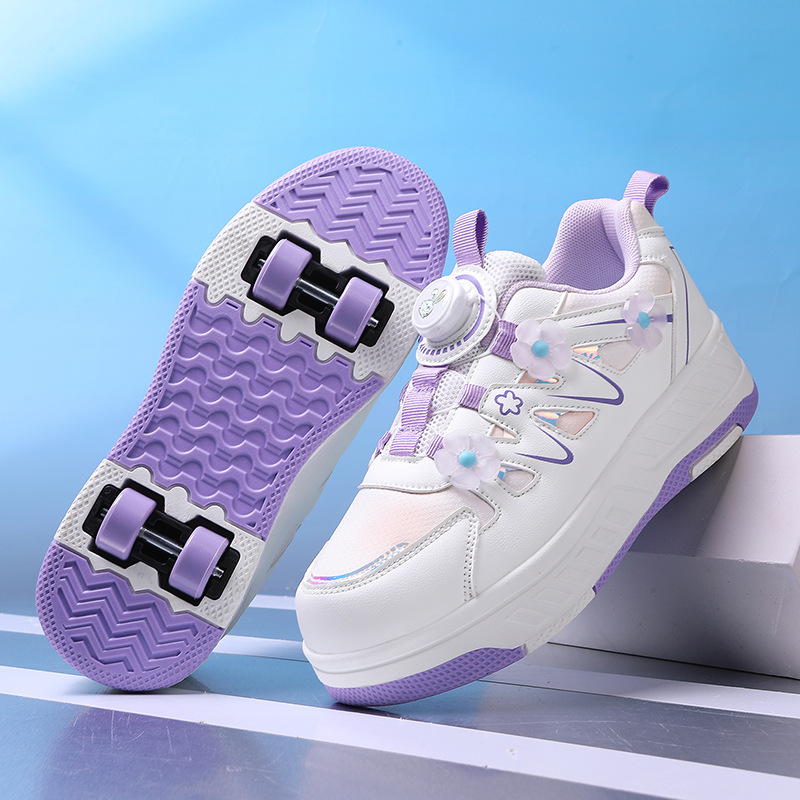 Baba Rabbit's New White Heelys Shoes for Girls, Four-Wheel Skates, Kidsren's Princess Roller Skates, Hidden Flying Pulleys