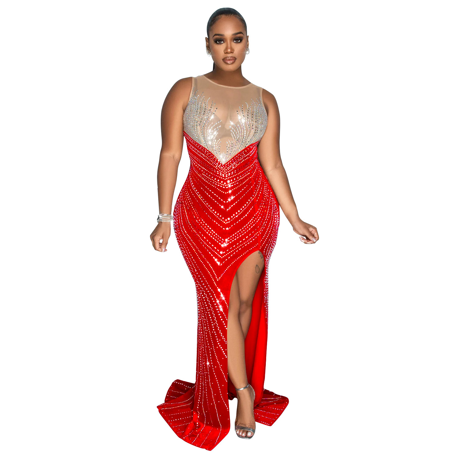 C6807 transfronteriza AliExpress Amazon europeo y americano de las mujeres de moda de color sólido cuello redondo sin mangas vestido de diamantes de imitación vestido image 8