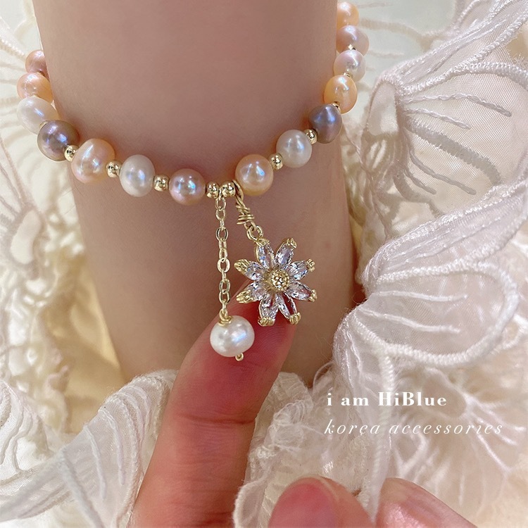 抖音淡水珍珠夏日水晶锆石小雏菊手链抽拉式可调节手链甜美淑女风|undefined