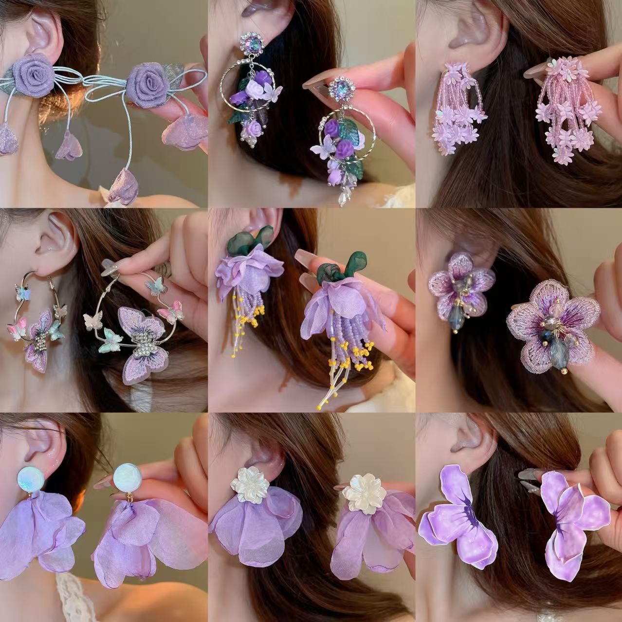 Pendientes de flores de tela de aguja de plata, estilo de vacaciones junto al mar, pendientes de todo fósforo de moda, pendientes de temperamento de personalidad, sentido de clase alta de nicho