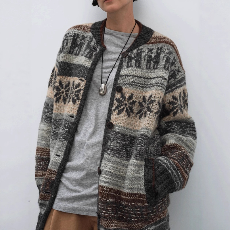 26 New Alpaca Wool Multi-Layer Patterned Fair Isle Jacquard Cardigan Sweater Coat