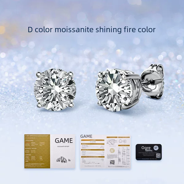 Classic Four-Prong Genuine Moissanite Earrings for Women, Stylish S925 Sterling Silver Plated with 18K Gold, Wholesale for Export