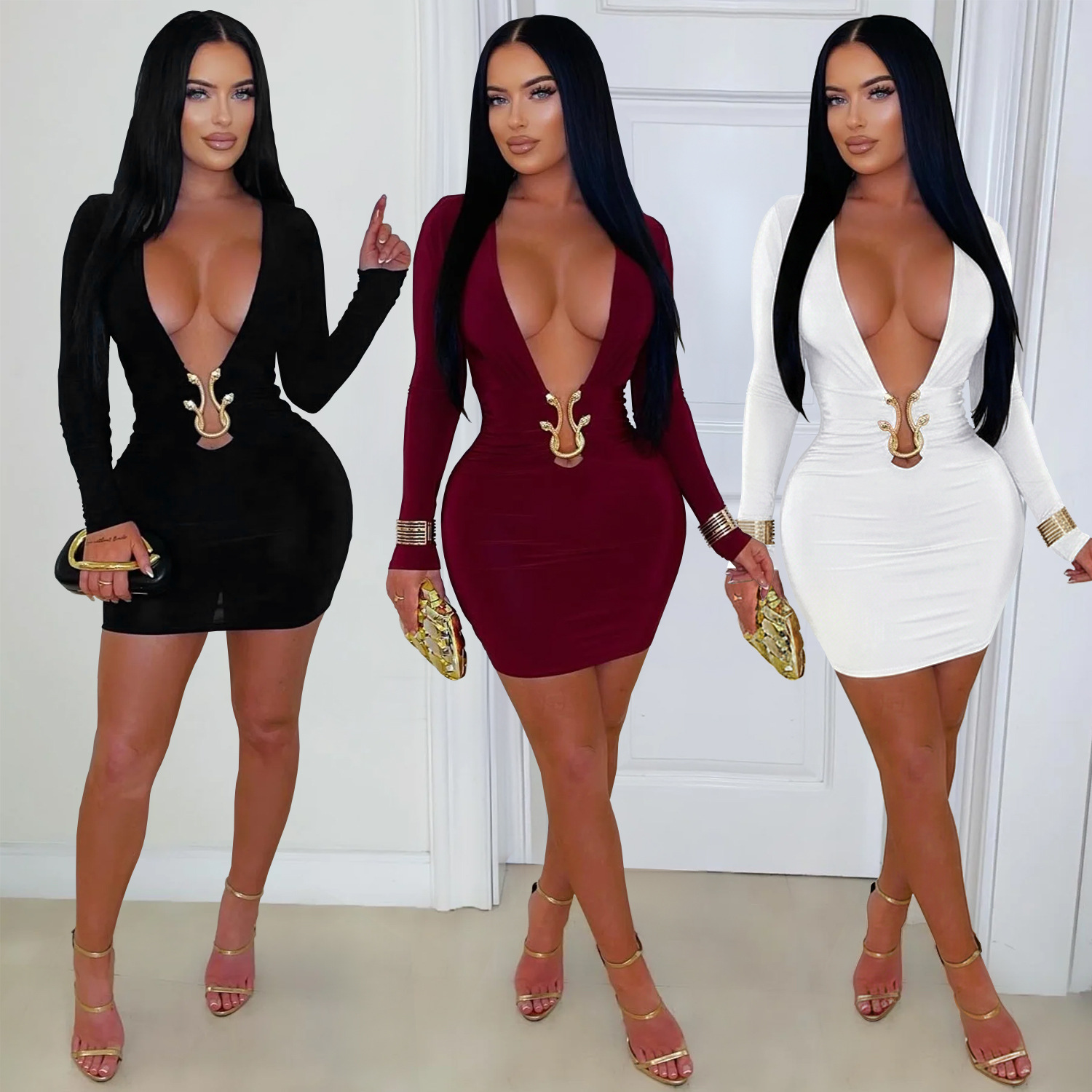 C7609 Aliexpress transfronterizo amazon ropa de moda europea y americana sexy profunda v vestido de acessorios en forma de serpiente image 1