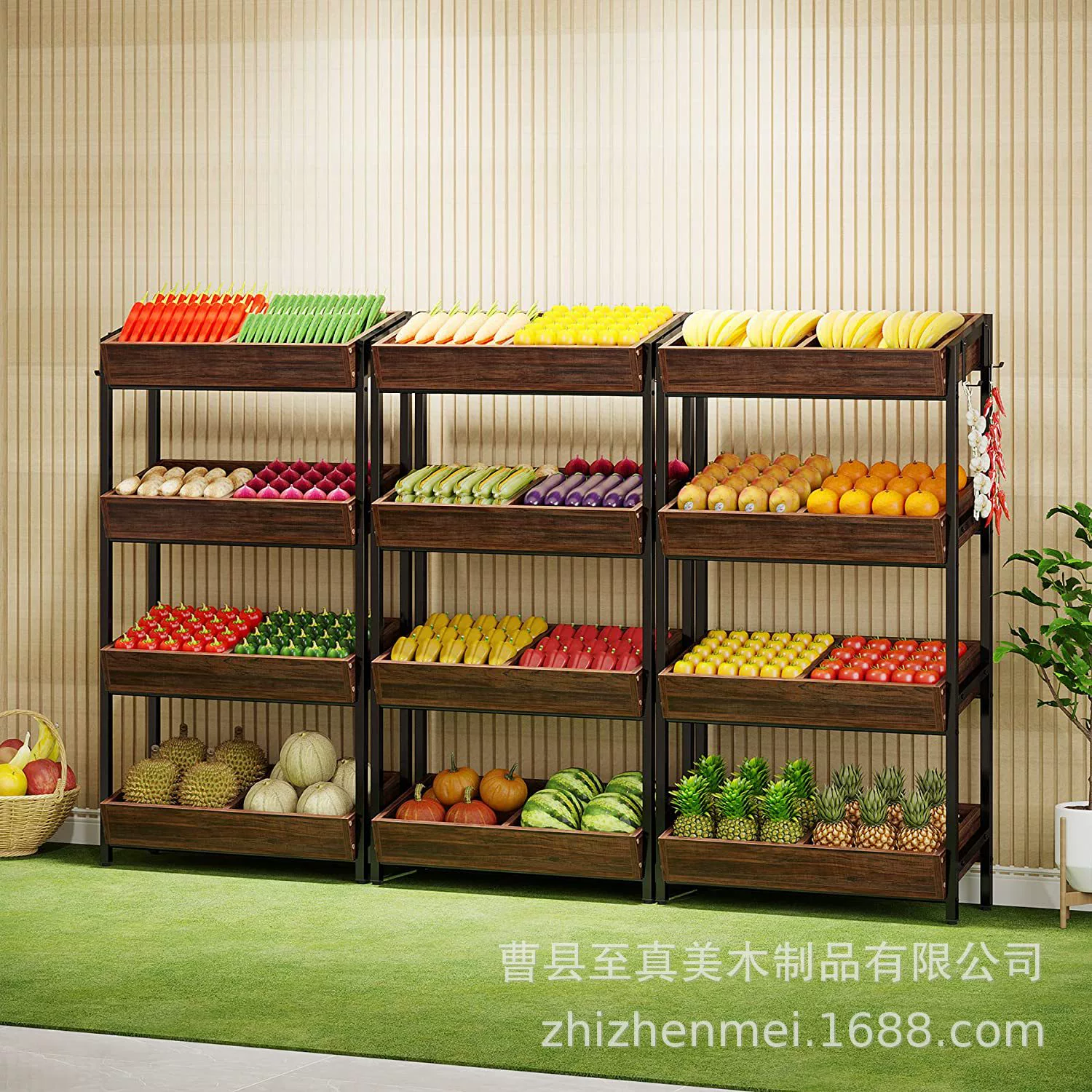 Деревянная корзина для хранения фруктов и овощей кронштейн многофункциональная стойка кухня офисный магазин супермаркет Ретро коричневая деревянная стойка