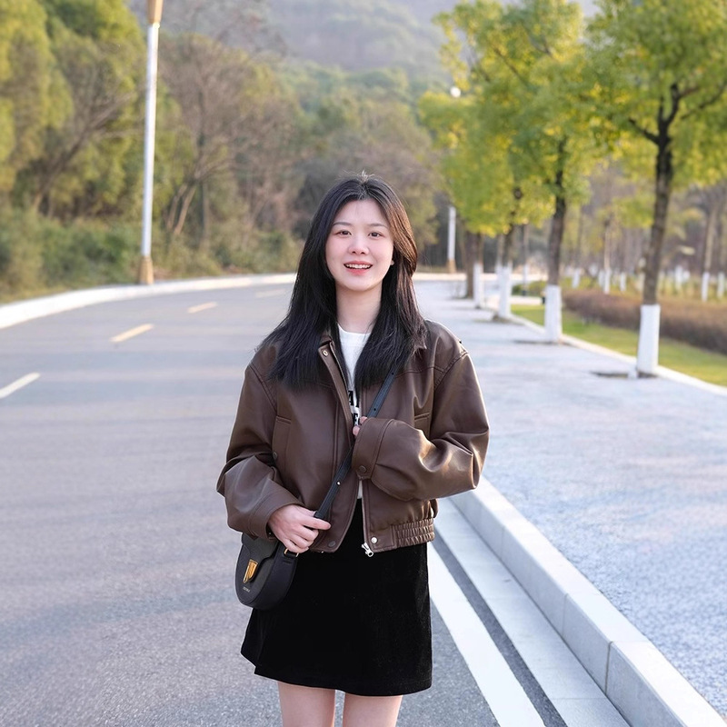 Brown Leather Jacket Women's Short 2025 Spring & Fall New Style Small Hong Kong Style Retro Casual Motorcycle Leather Jacket Brown Leather Jacket Women's Short 2025 Spring & Fall New Style Small Hong Kong Style Retro Casual Motorcycle Leather Jacket