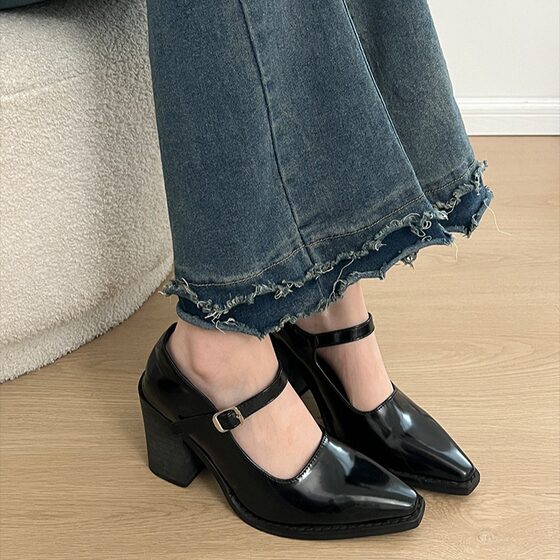 Black pointed French style chunky heel high heels for women 2024 New Spring retro Mary Jane with skirt low-cut shoes