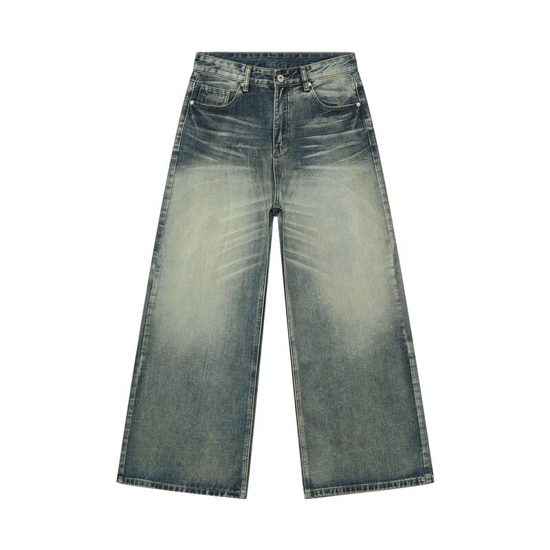 Quần jeans nam dáng rộng ống đứng phong cách retro Mỹ, giặt mài làm cũ — Màu xanh dương