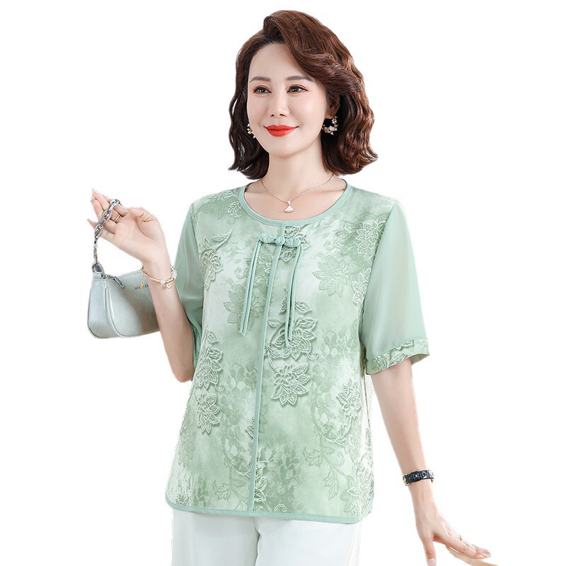 ママの夏半袖シャツ2025外国風新国民風50歳中高年女性の夏の新しい中国風Tシャツ|undefined