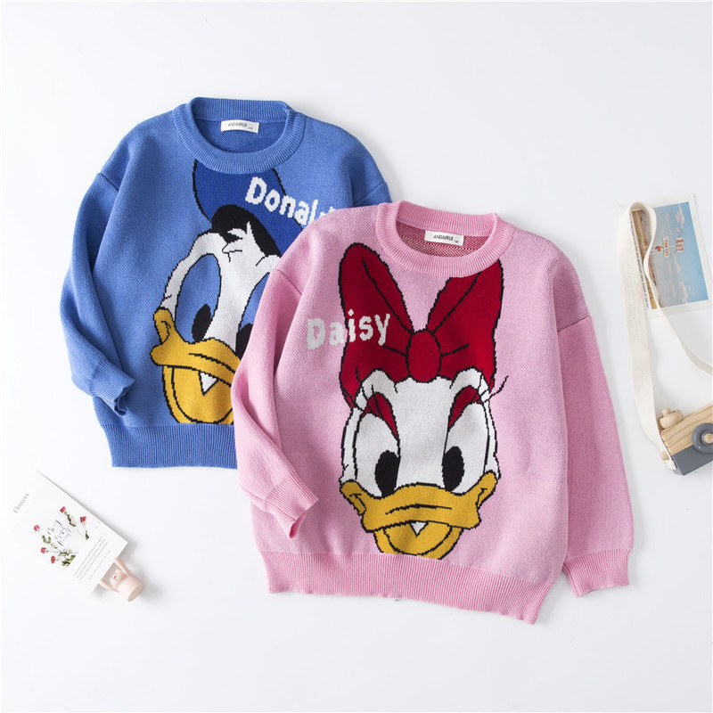 Ins Cartoon 2021 Winter K-Style Kidsren's Sweater Cute Donald Duck Daisy Cotton Long-Sleeved Round Neck Plus Fleece Sweater