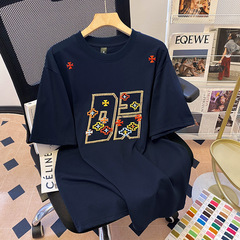 ネイビーブルー刺繍ファッション半袖Tシャツレディースアメリカンレトロハイエンドルーズレイジースタイルシック韓国トップ