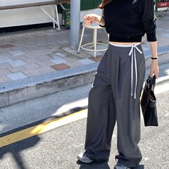 韩国东大门女装撞色拼接腰头侧边拉链休闲裤女