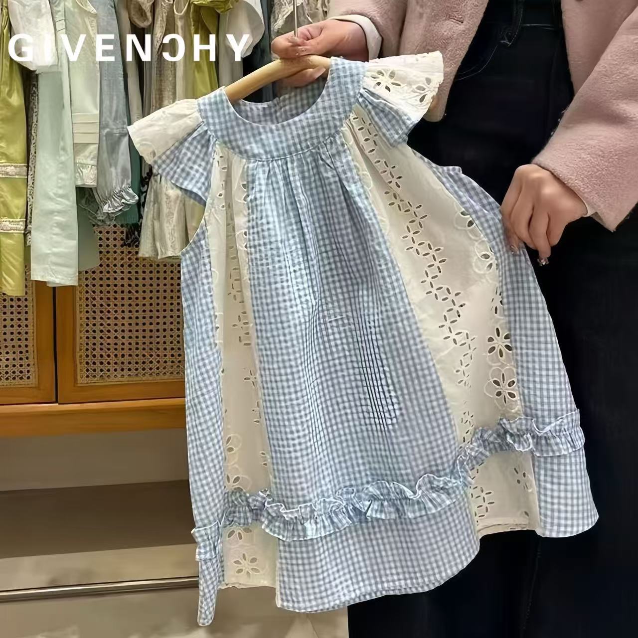 Children's clothing girls French style dress 2025 summer new style children's blue plaid vest skirt lace skirt