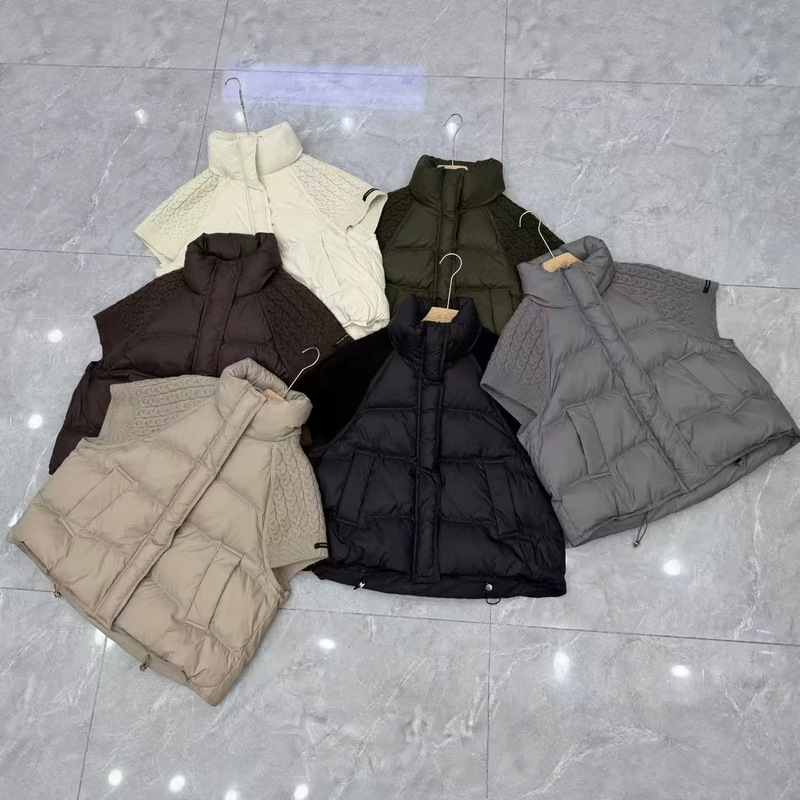 Cross-Border Autumn and Winter New Style Knitted Patchwork Stand Collar down Jacket Women's Short Vest White Duck down Warm Coat Trendy Top