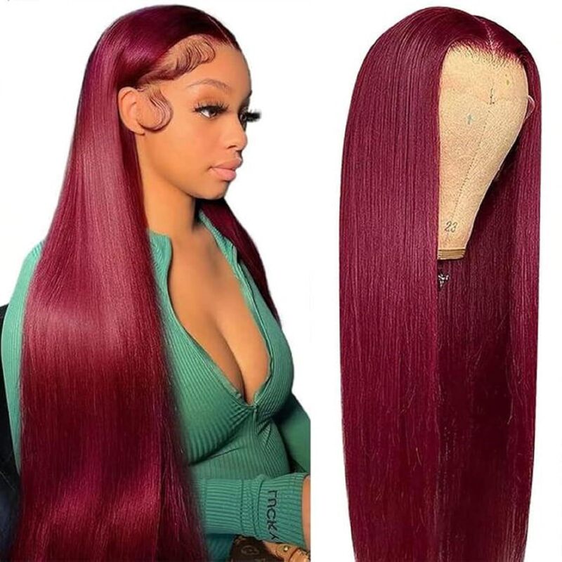 13*4 99J # Headgear Cross-Border European and American Real Hair Wigs Burgundy Long Straight Hair Wholesale Full Real Hair Wigs 13*4 99J # Headgear Cross-Border European and American Real Hair Wigs Burgundy Long Straight Hair Wholesale Full Real Hair Wigs