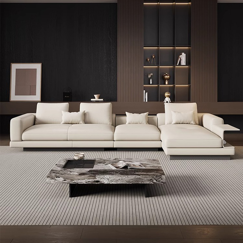 Sofá de cuero minimalista italiano Connery Villa sofá de gama alta grande plana nueva sala de estar sofá chaise combinación