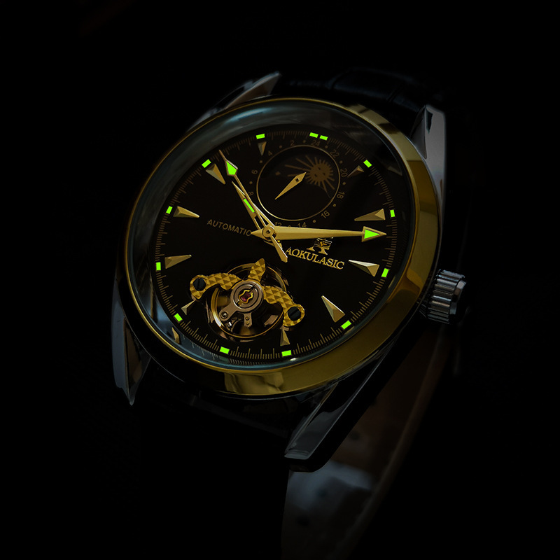 Ogulas hueco-hacia fuera gran volante automático reloj mecánico reloj de los hombres impermeable luminoso fase lunar reloj multifuncional 1781