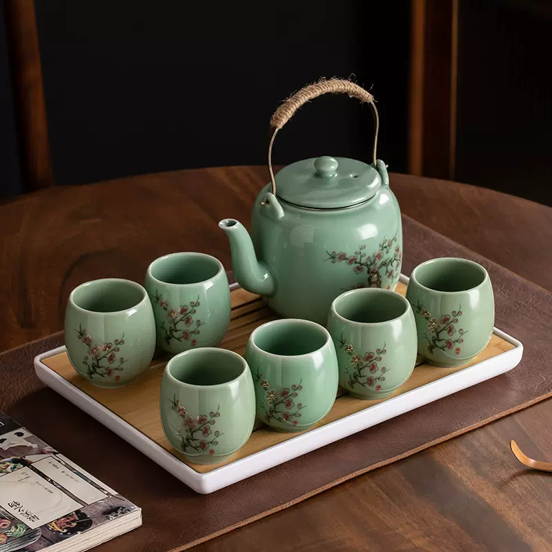 青瓷茶具套装提梁壶中式家用整套陶瓷大号茶壶简约现代喝茶杯茶盘