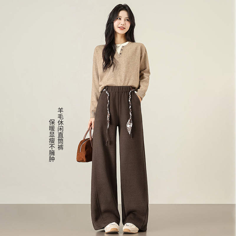 厂家直销秋冬新款加绒加厚阔腿裤丝巾抽绳羊毛直筒裤休闲百搭长裤